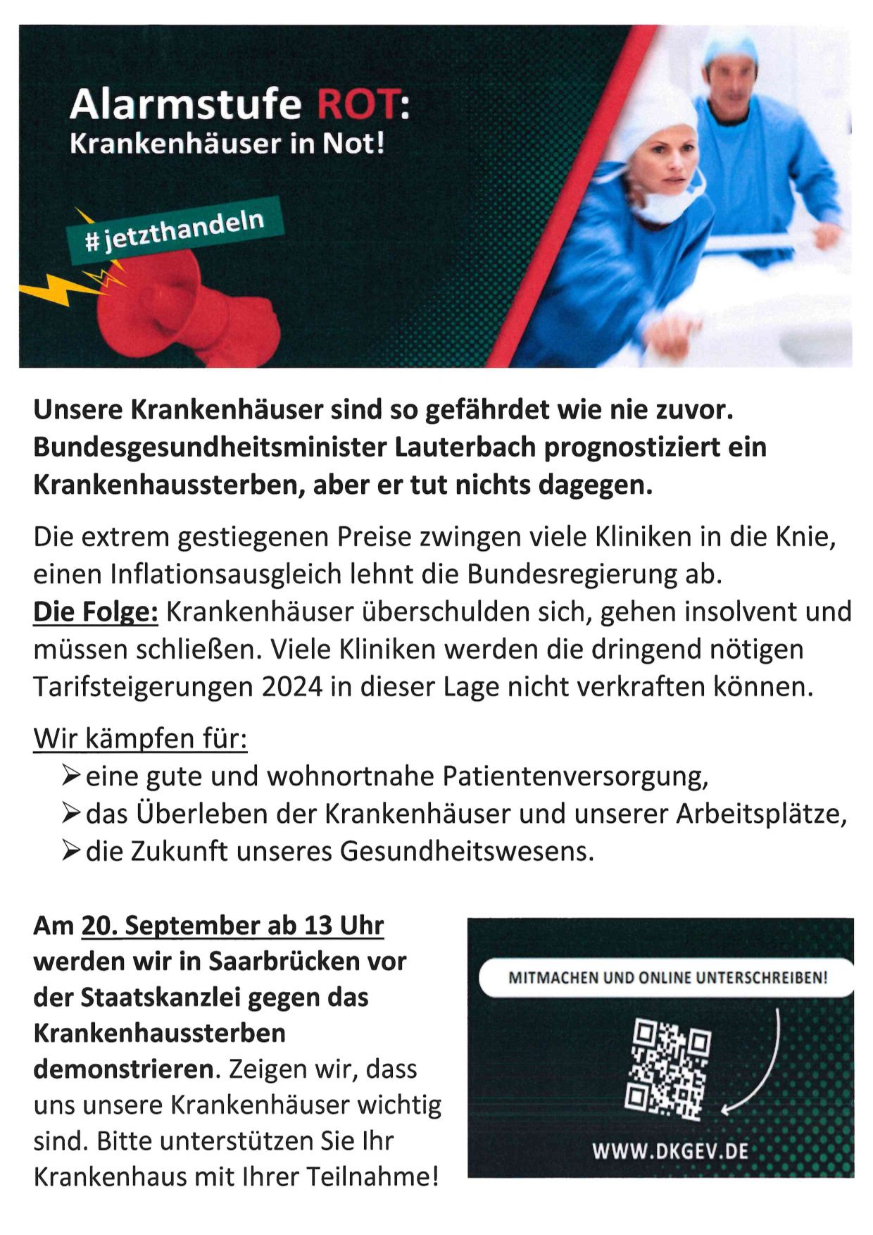 Kreiskrankenhaus St.Ingbert - Kampagne „Alarmstufe Rot – Krankenhäuser in Gefahr“- Kundgebung am 20.09.2023 in Saarbrücken
