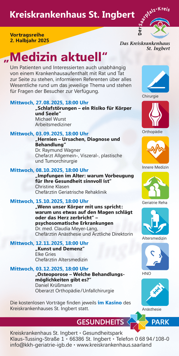 Kreiskrankenhaus St.Ingbert - Veranstaltungen der Vortragsreihe „Medizin aktuell“ für das 2. Halbjahr 2025