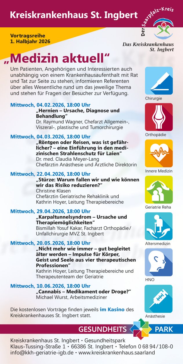 Kreiskrankenhaus St.Ingbert - Veranstaltungen der Vortragsreihe „Medizin akutell“ im 1. Halbjahr 2026 im Kreiskrankenhaus St. Ingbert